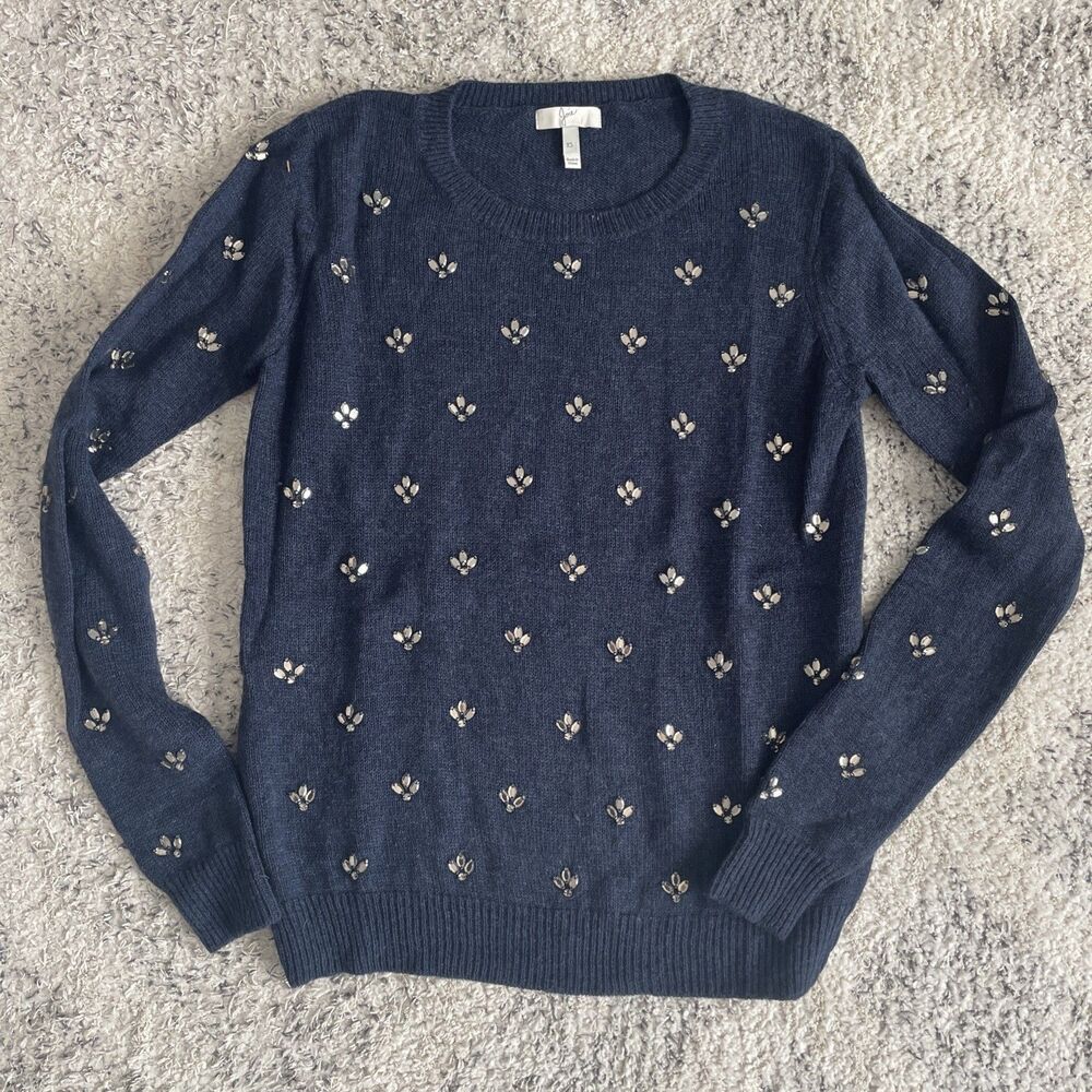 Joie Embellished Navy Blue Wool Cashmere Blend Sweater Size XS Holiday Sparkle